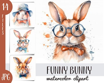 Watercolor Funny Bunny Clipart: Easter Hare Print (Digital Paper)