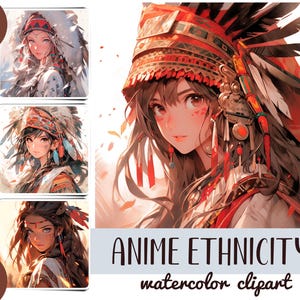Acquerello Ragazza etnica anime clipart - carta digitale giapponese - carina illustrazione di ragazza anime - Ritratti anime boho - Indiani, nativi americani