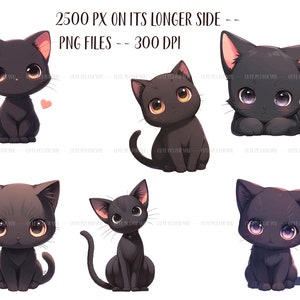 K&ouml;nnte beinhalten: Sechs Cartoon-Illustrationen von schwarzen Katzen mit gro&szlig;en Augen in verschiedenen Posen. Der Text "2500 PX ON ITS LONGER SIDE -- PNG FILES -- 300 DPI" ist enthalten. Eine Katze hat ein kleines rosa Herz.