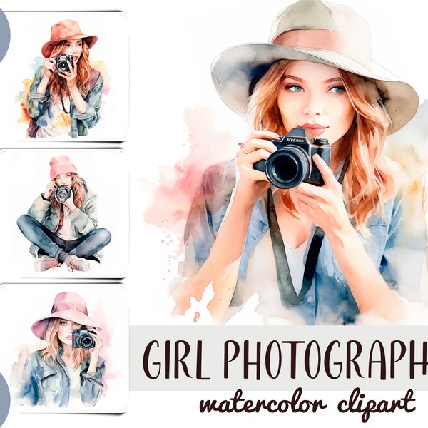 Aquarelle filles photographes clipart - sublimation de caméra - femme photographe papier numérique - avec appareil photo à la main JPG - photos graphique