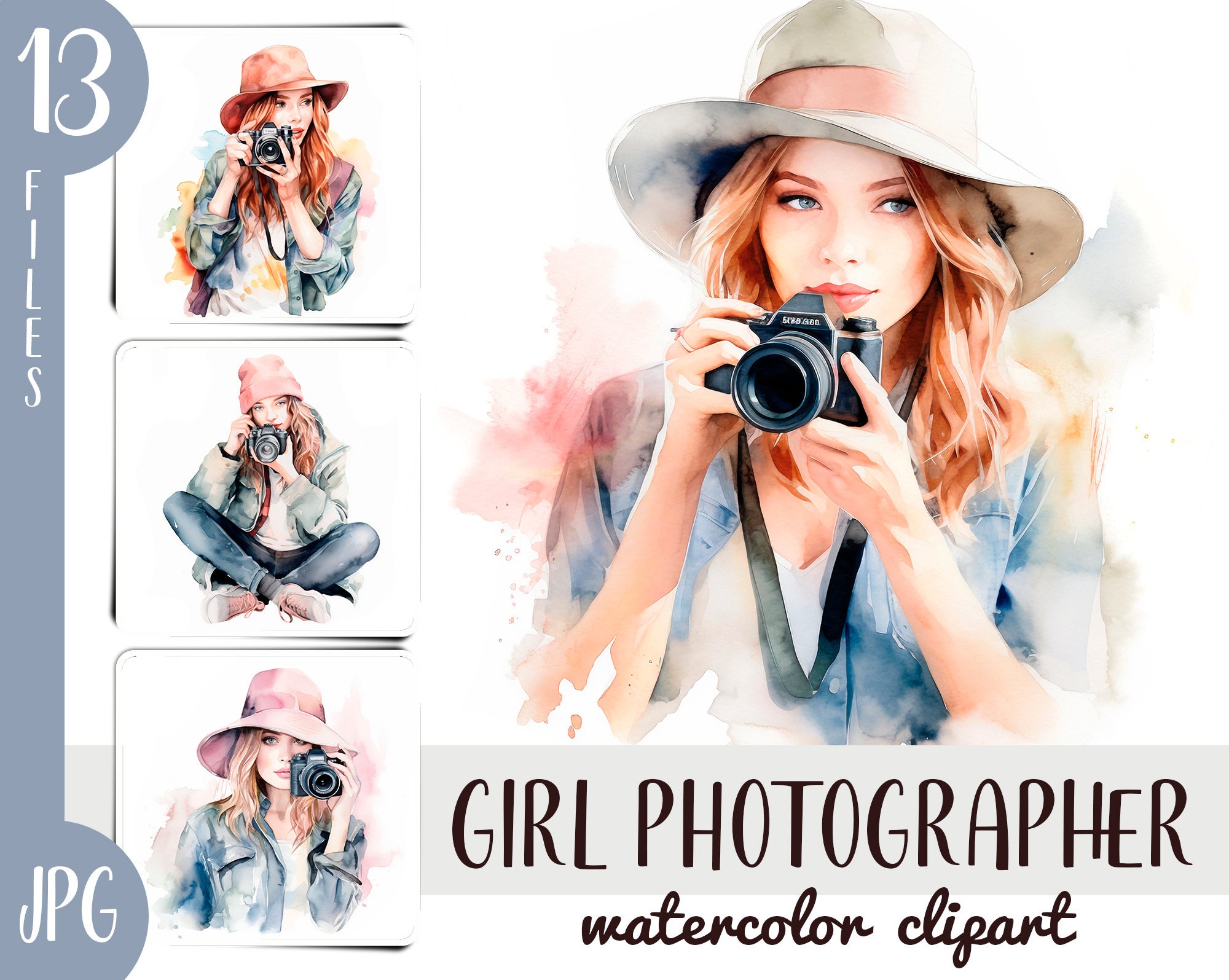 Watercolor Girls Photographers Clipart Camera Sublimation - Etsy