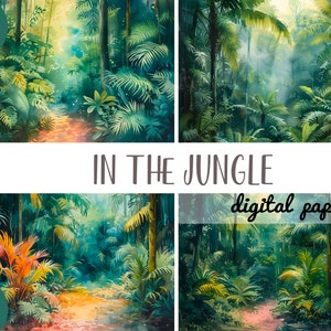 Aquarel jungle clipart - junglelandschap digitaal papier - tropische illustraties - groene plant achtergronden - tropisch landschap jpg-afbeelding