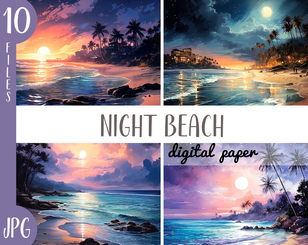 Watercolor Night Beach Clipart: Sunset Sea Graphics (JPG Digital Paper ...