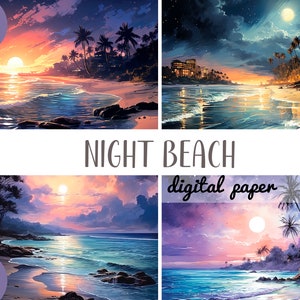 Akwarela noc plaża clipart - zachód słońca nad morzem papier cyfrowy - nad oceanem tło JPG - wieczór, księżyc, palmy, grafika wybrzeża piasku