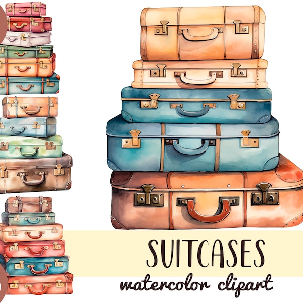 Watercolor multicolored suitcases clipart - travel bags illustrations - vintage suitcases graphic - stack of retro suitcases sublimation PNG