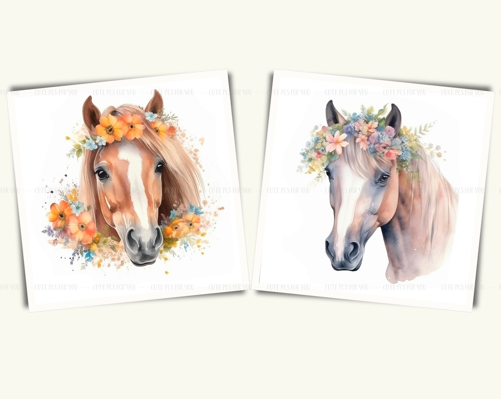 Watercolor Floral Horses Clipart Pony With Flowers Graphics - Etsy