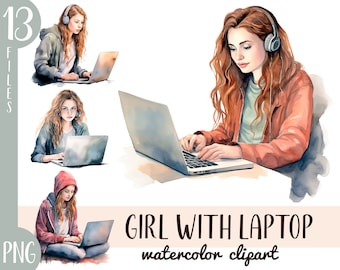Watercolor Girl with Laptop Clipart: Remote Work Graphics (PNG)