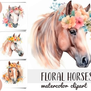 Imágenes prediseñadas de caballos florales acuarela - pony con gráficos de flores - ilustraciones tiernas digitales-composición de caballos JPG-sublimación de animales de granja