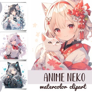 Watercolor anime neko clipart - cat girl digital paper - delicate illustrations in Japanese style - cute anime girls with ears graphics JPG