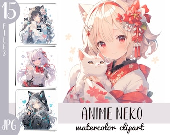 Aquarell Anime Neko Clipart - Katzenmädchen digitales Papier - zarte Illustrationen im japanischen Stil - süße Anime Mädchen mit Ohren Grafik JPG