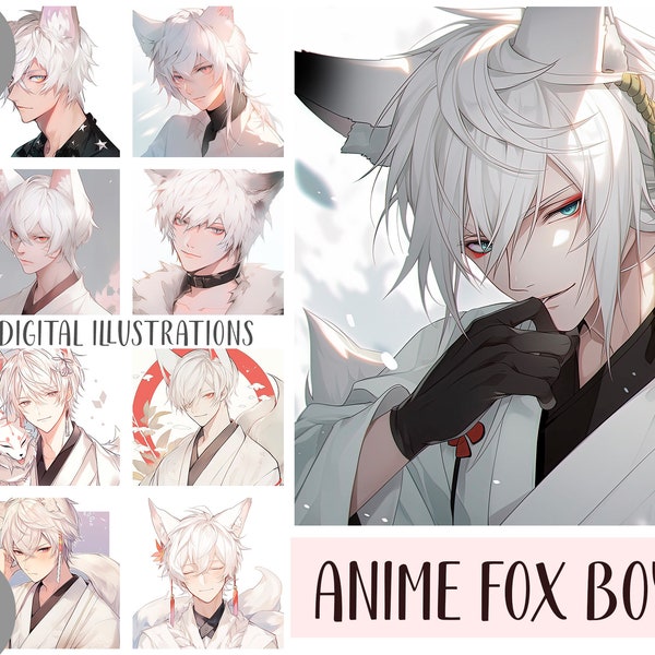 Anime beautiful foxes-men clip art -demon with white hair digital paper, Yōkai, supernatural spirit, kitsune-Japanese mythology illustration