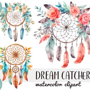 Aquarell Boho Traumfänger Clipart - Blumen Pastell Boho Sublimations - Federn PNG-Traumfänger, ethnische Motive, Bohemia, Blumen Grafik