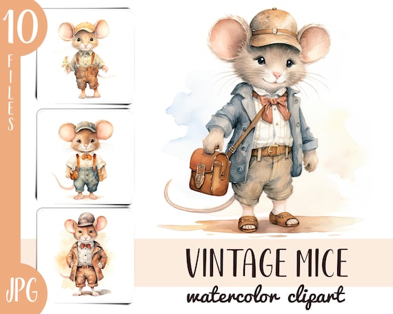 Watercolor Vintage Mice Clipart: Retro Mouse Illustration (Digital Download)