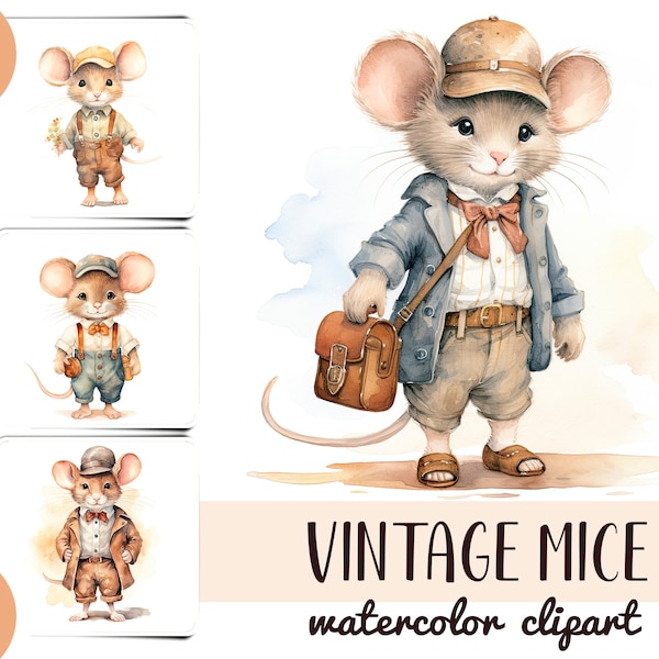 Ratones vintage acuarela clipart - papel digital de ratón retro - ratón de cuento de hadas en ilustración de ropa - scrapbooking, antiguo -diario basura