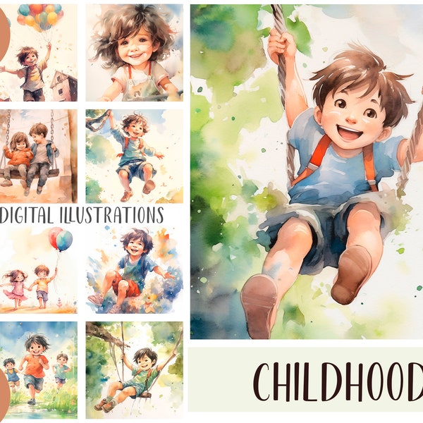 Aquarell glückliche Kindheit Clipart - Illustrationen für Kinderbücher - Postkarten über die Kindheit - niedliches lächelndes Kind - ein Kind sein JPG