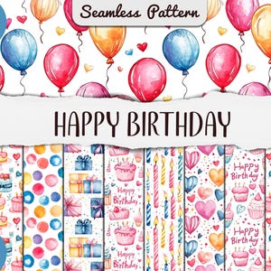 May include: 18 digital paper designs featuring watercolor illustrations of balloons, candles, cakes, and hearts. The papers are perfect for creating birthday cards, invitations, party decorations, and more.