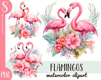 Watercolor Flamingo Clipart: Tropical Flowers & Birds (PNG Digital Download)