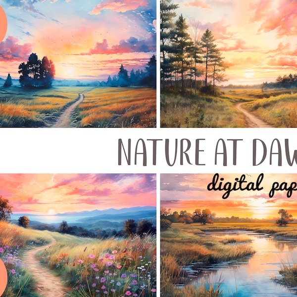 Watercolor landscapes with dawn clipart - sunrise digital paper - nature and dawn illustrations - fields, lakes, beautiful sky JPG