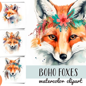 Acuarela boho foxes clipart - sublimación de zorro lindo JPG - gráficos de flores delicadas - colores pastel - zorro étnico con composiciones florales