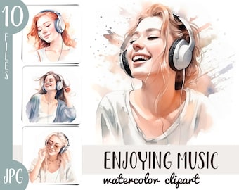 Watercolor enjoying music clipart - cute girl with headphones sublimation JPG -cool song graphics-listen to music, music player, music lover