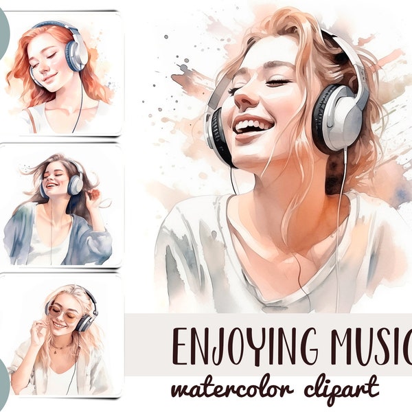Watercolor enjoying music clipart - cute girl with headphones sublimation JPG -cool song graphics-listen to music, music player, music lover