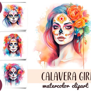 Retratos de niñas con calaveras en acuarela, imágenes prediseñadas, tradiciones mexicanas, Día de los muertos, calavera y flores, Día de los Muertos, Halloween mexicano