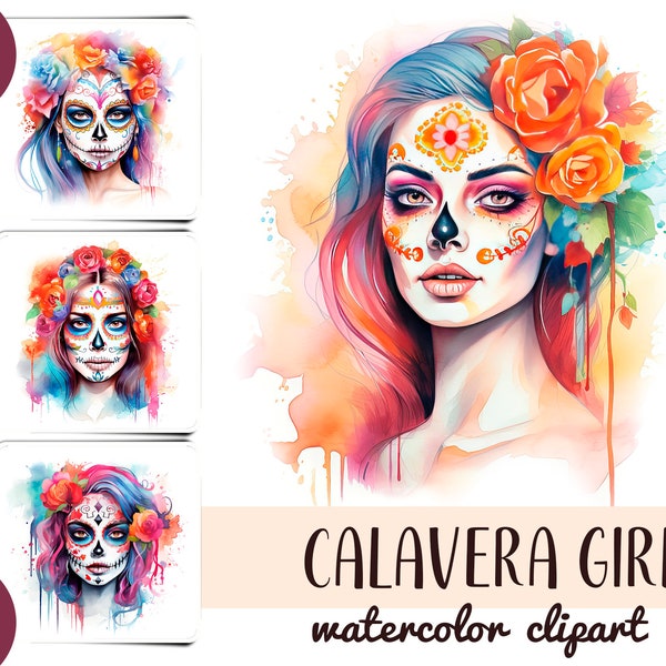 Watercolor calavera girl portraits clipart - mexican traditions - day of the dead - skull and flowers, Día de Los Muertos -mexican halloween