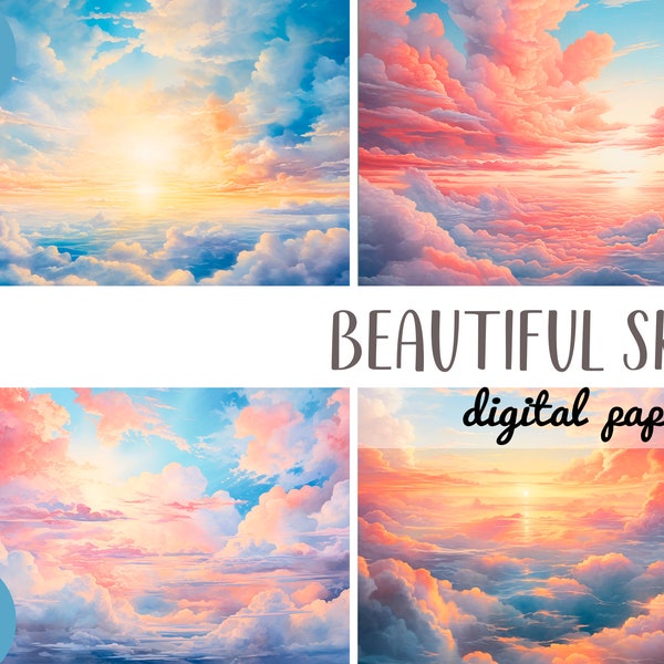 Watercolor beautiful sky clipart - heaven with clouds digital paper - pink, blue, yellow landscape - pastel sky - heaven illustrations