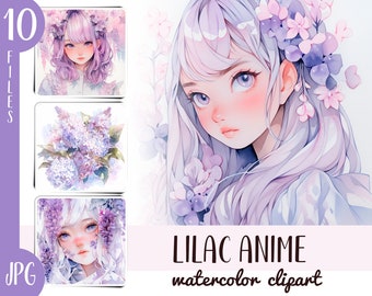 Watercolor lilac anime clipart - lilac digital paper - delicate illustrations in Japanese style - cute anime girls - floral graphics JPG