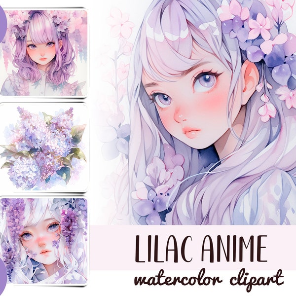 Aquarell lila Anime Clipart - lila digitales Papier - zarte Illustrationen im japanischen Stil - niedliche Anime Mädchen - florale Grafiken JPG