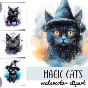 Clipart de chats magiques noirs à l'aquarelle - chat mignon dans un papier numérique de chapeau de sorcière - sublimation d'attributs magiques - sorcellerie - chaton mignon JPG