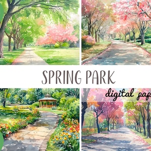 Clipart aquarelle parc printanier - jardin avec arbres en fleurs papier numérique - parc pastel, illustrations de ruelle - paysage naturel romantique JPG