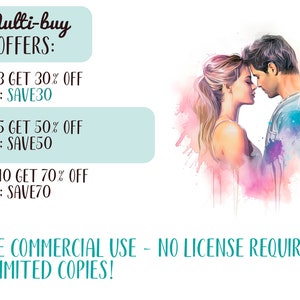 May include: A watercolor painting of a couple embracing. The text reads "Multi-buy Offers: BUY 3 GET 30% OFF CODE: SAVE30 BUY 5 GET 50% OFF CODE: SAVE50 BUY 10 GET 70% OFF CODE: SAVE70 FREE COMMERCIAL USE - NO LICENSE REQUIRED! UNLIMITED COPIES!"