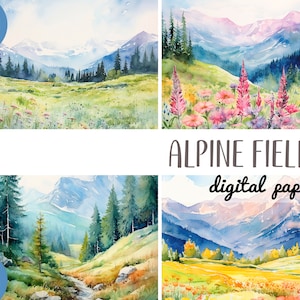Aquarell Alpen Felder Clipart - Wildblumen in einem Feld in der Nähe von Bergen, digitales Papier, Naturlandschaft, Berge, Alpen, Feld, Weg