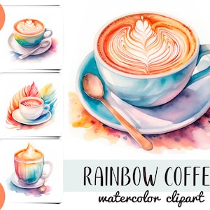 Clipart de café arcoíris de acuarela - papel digital capuchino positivo - arte mural con café con leche - ilustraciones de café deliciosas - sublimación de bebidas calientes