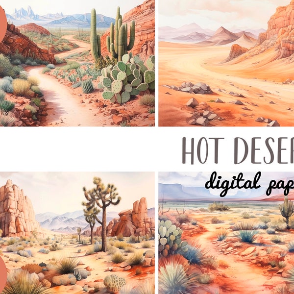 Watercolor hot desert clipart - desert landscape digital paper - nature illustrations - mexico - sand, cacti, heat sublimation JPG