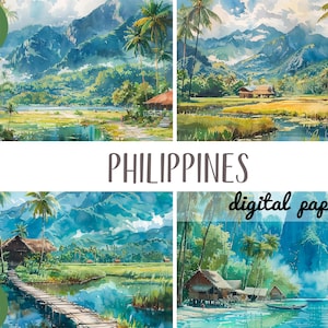 Aquarell Philippinen Inseln Clipart - Natur philippinische Illustration - tropische Landschaft - grüner Hintergrund - Palmen, Meer, blauer Himmel