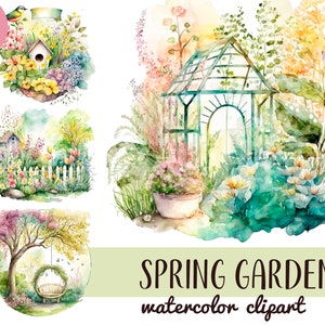 Könnte beinhalten: Aquarell-Cliparts mit Frühlingsgartenszenen. Enthält Bilder von einem Vogelhaus, einem Gewächshaus, einem weißen Zaun und einem Baum mit einer Bank. Der Text "SPRING GARDEN watercolor clipart" ist ebenfalls enthalten. Die Bilder sind in Rosa-, Grün-, Gelb- und Blautönen gehalten.