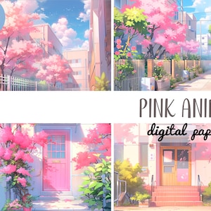 Pink anime backgrounds clipart - Japanese cityscapes digital paper - cherry blossom illustrations-anime cartoon style street-sublimation JPG