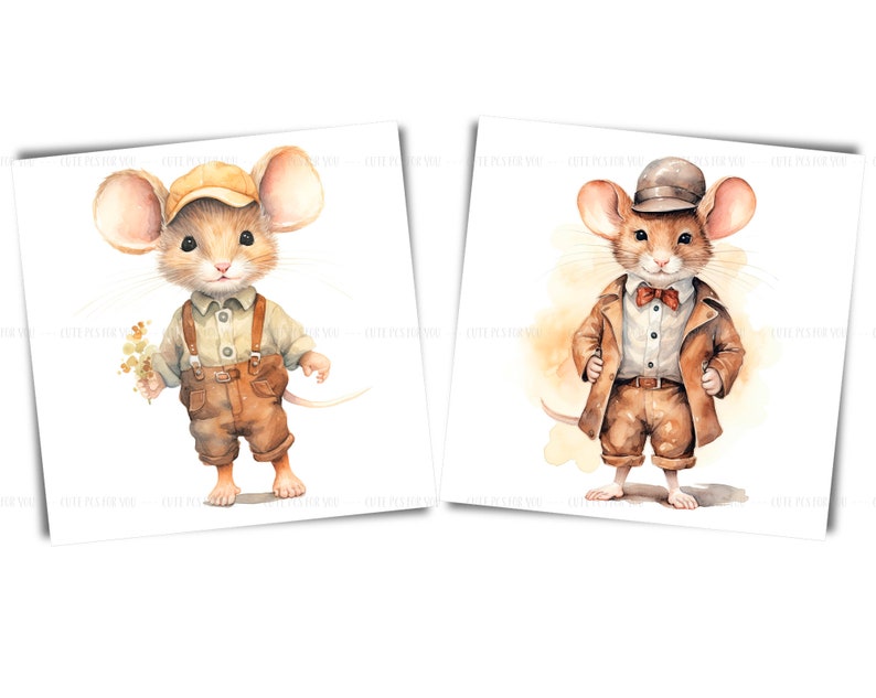 Watercolor Vintage Mice Clipart: Retro Mouse Illustration (Digital Download) image 5