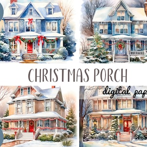 Watercolor christmas porch clipart - american house illustrations -winter scene digital paper-christmas decor, veranda, snow backdrop