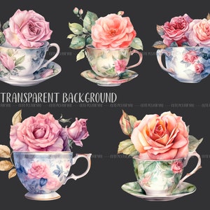 Watercolor vintage cups with roses retro tea mugs PNG-vintage roses pastel colors delicate illustrations antique flower arrangements image 4