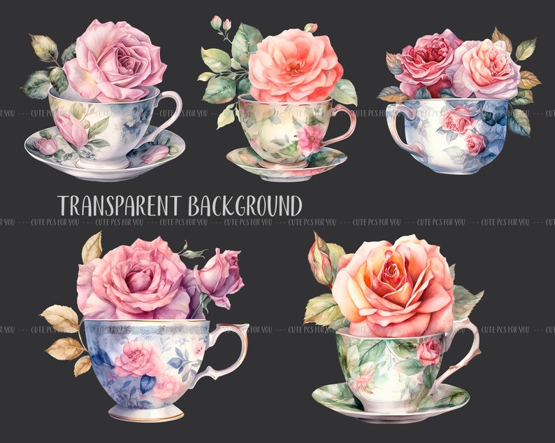 Watercolor vintage cups with roses retro tea mugs PNG-vintage roses pastel colors delicate illustrations antique flower arrangements image 4