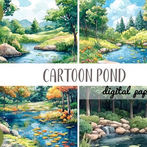 Aquarel cartoon vijver clipart - vijver in het bos digitaal papier - natuur sublimatie JPG - groene achtergrond - prachtig vijverlandschap