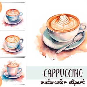 Clipart cappuccino acquerello - carta digitale cappuccino positiva - arte murale del latte - deliziose illustrazioni di caffè - sublimazione di bevande calde