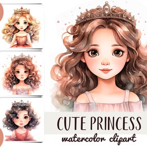 Clipart di principessa carina ad acquerello - piccola principessa sublimazione - festa per ragazze - ritratto di personaggio delle fiabe carta digitale - biglietti di auguri JPG