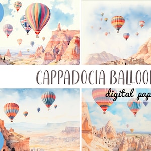 Clipart ballons aquarelle - papier numérique du festival des ballons de la Cappadoce - ballons colorés dans le ciel illustration - paysage de la vieille ville JPG