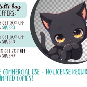 K&ouml;nnte beinhalten: Cartoon-Illustration einer schwarzen Katze mit gro&szlig;en, ausdrucksstarken Augen und einer Halbmondform. Das Bild enth&auml;lt Text mit Multi-Buy-Rabatten und dem Hinweis "KOSTENLOSE KOMMERZIELLE NUTZUNG - KEINE LIZENZ ERFORDERLICH! UNBEGRENZTE KOPIEN!"