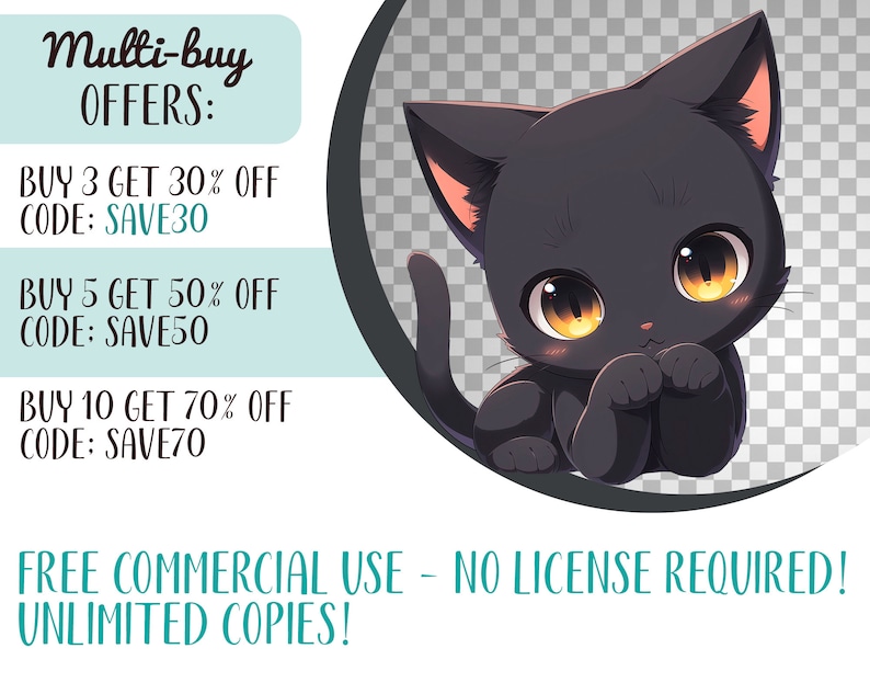 K&ouml;nnte beinhalten: Cartoon-Illustration einer schwarzen Katze mit gro&szlig;en, ausdrucksstarken Augen und einer Halbmondform. Das Bild enth&auml;lt Text mit Multi-Buy-Rabatten und dem Hinweis "KOSTENLOSE KOMMERZIELLE NUTZUNG - KEINE LIZENZ ERFORDERLICH! UNBEGRENZTE KOPIEN!"