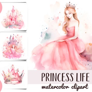Clipart de la vida de la princesa de acuarela - sublimación de princesita rosa - castillo, carruaje, corona, zapatos JPG - papel digital de personaje de cuento de hadas